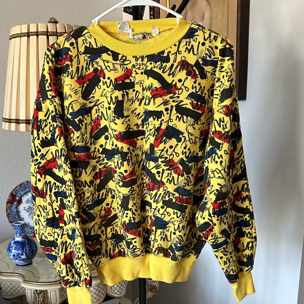Magenta Yellow Crewneck Sweatshirt with Red & Blue Graphic Print 1980’s